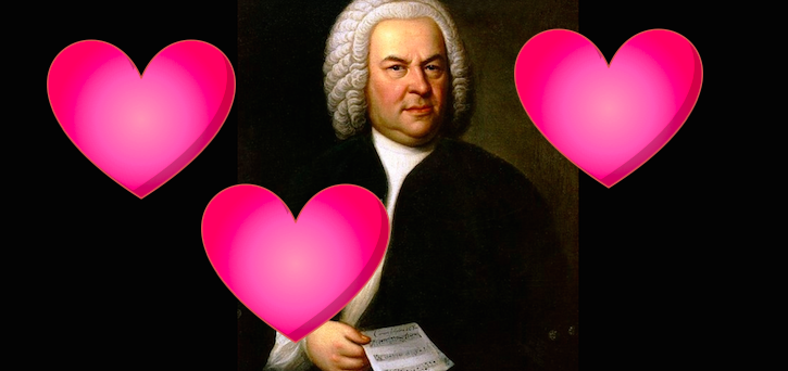 Image: Johann Sebastian Bach (aged 61) in a portrait by Elias Gottlob Haussmann. Hearts added. 